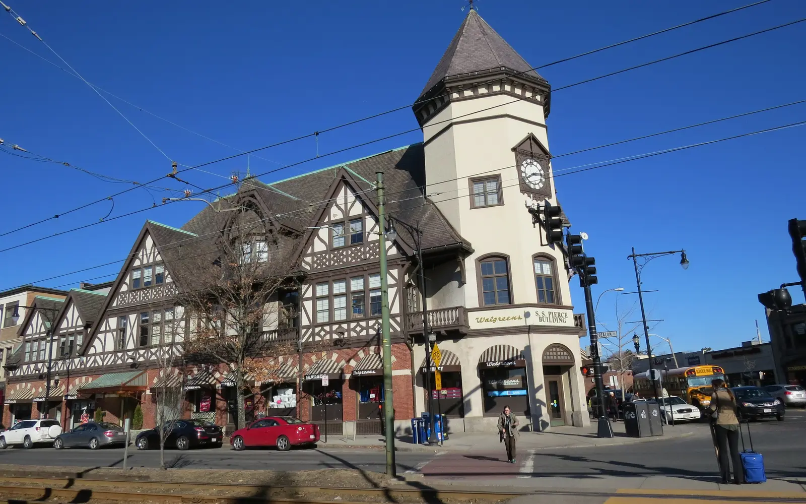 Tudor-style storefronts and the clock tower at Coolidge Corner, Brookline