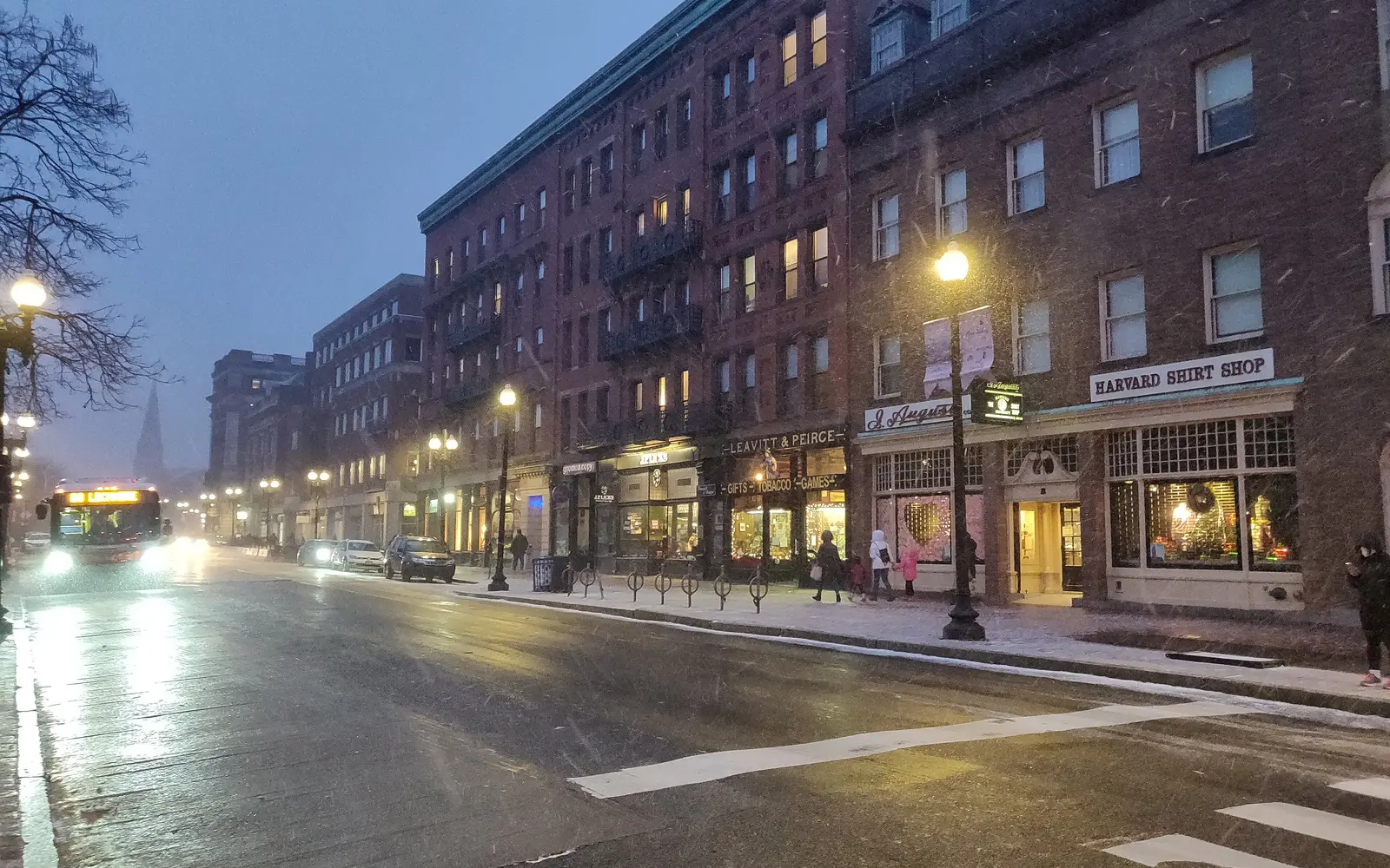 Harvard Square in Cambridge on a snowy February evening