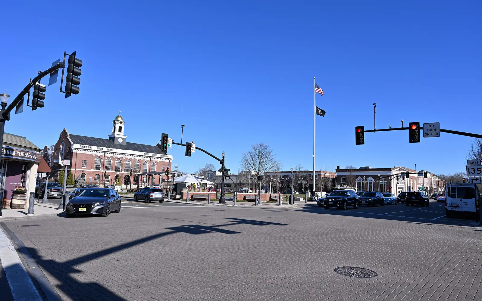 Needham Town Hall and the town common in Needham Center