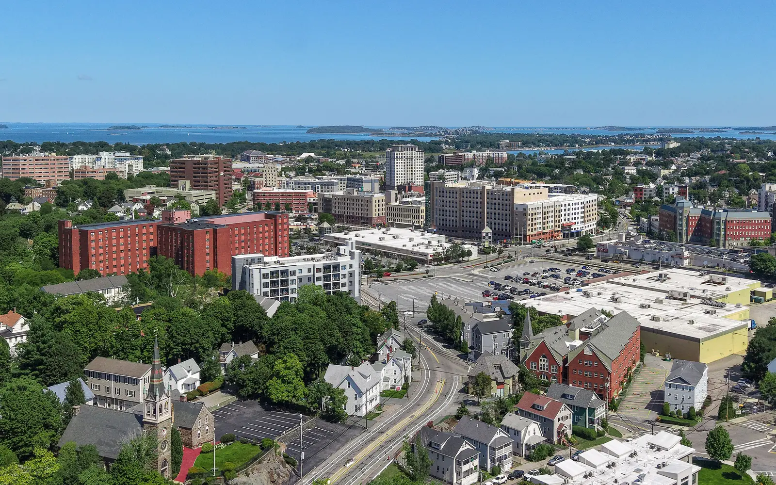 Aerial view of downtown Quincy, with the coast beyond